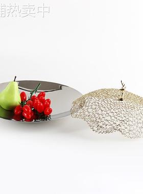 酒店会所带盖金属圆形果盘摆件样板房餐厅桌面收纳展示托盘装饰品