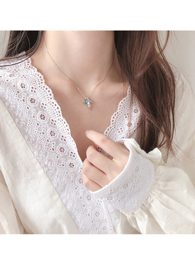 纯银尾巴蓝色森系学生韩版锁骨链