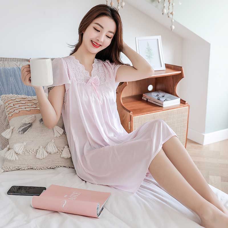 夏季冰丝短袖蕾丝韩版性感宽松睡裙 彩里卡纳睡裙