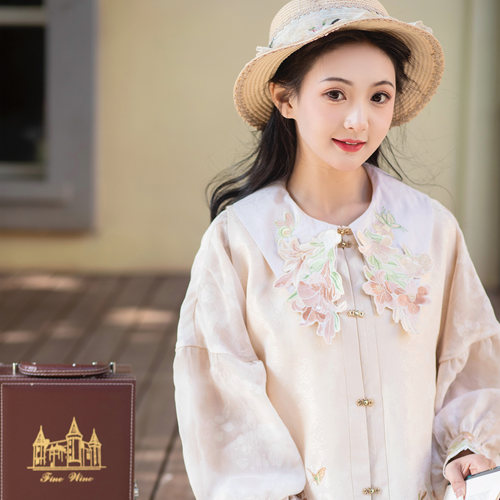 花朝记｜春意蔓延｜中长马面裙汉服元素贴布绣比甲国风娃娃领衬衫 - 图1