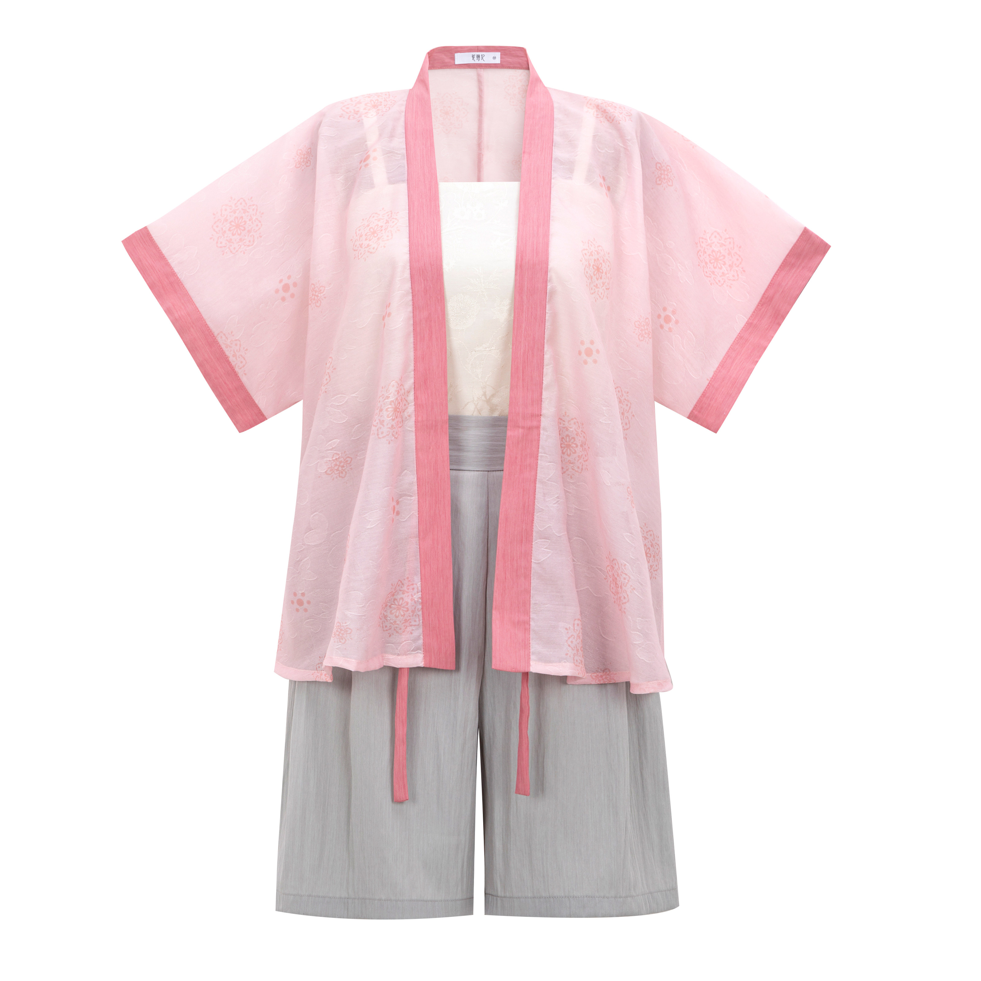 花朝记｜桃啵｜汉服元素半袖对襟衫短裤提花粉色休闲简约日常春夏,淘宝优惠券,粉丝福利购,淘宝优惠卷