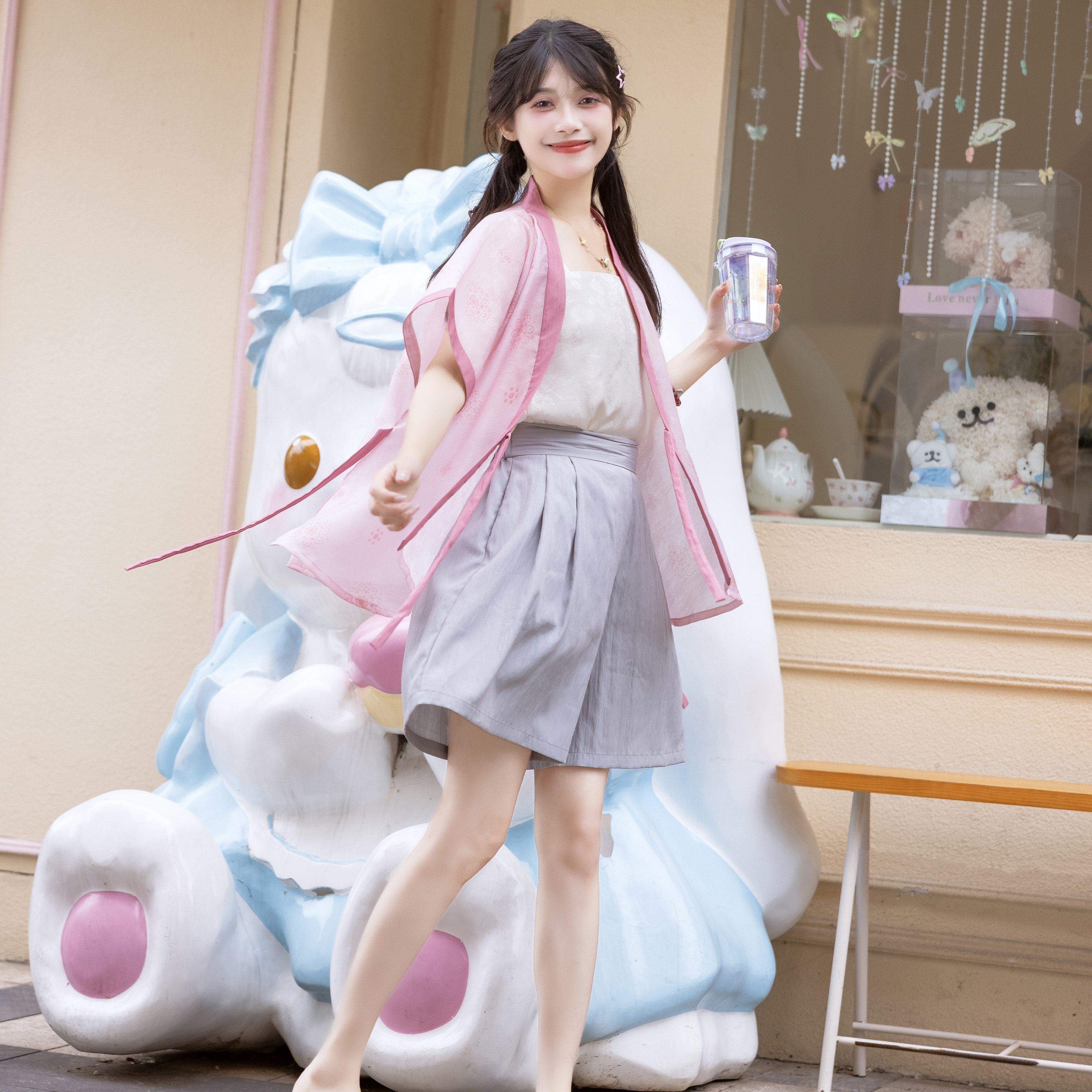 花朝记｜桃啵｜汉服元素半袖对襟衫短裤提花粉色休闲简约日常春夏,淘宝优惠券,粉丝福利购,淘宝优惠卷