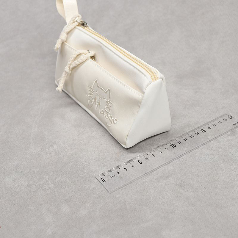 奶白色刺绣小猫笔袋大容量2025新款超火可爱简约女生款ins风高颜值铅笔盒多功能小众不撞款小学生专用文具袋-图1