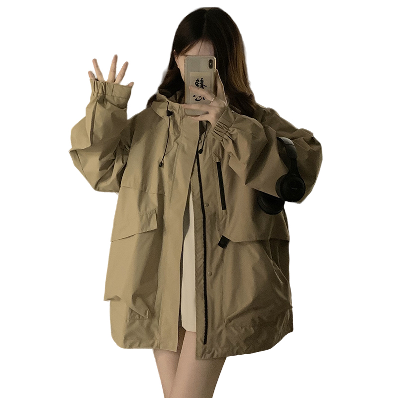 美式情侣冲锋衣外套男女2025春秋新款宽松大码中长款休闲工装风衣