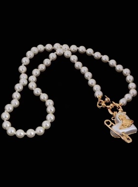 西后歪爱心土星别针珍珠项链 手链 玫红色心型吊坠星球毛衣链