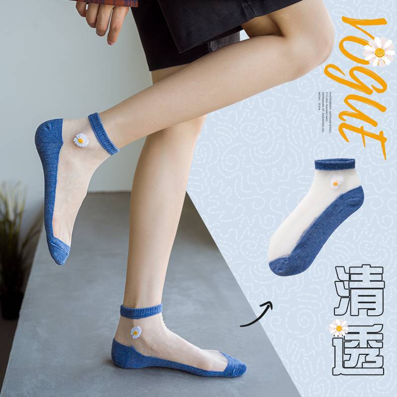 预约服饰旗舰店小雏菊袜子女韩版短袜夏季薄款水晶玻璃袜丝透明潮流短筒学生船袜0