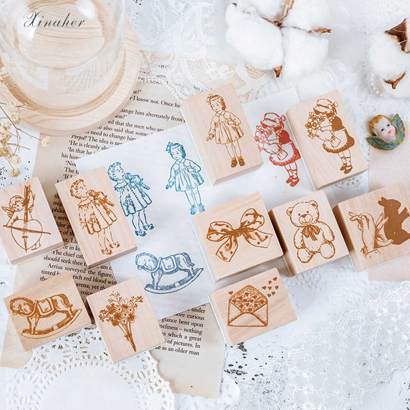 Vintage bowknot girls bear bouquet stamp DIY wooden rubber s-图2