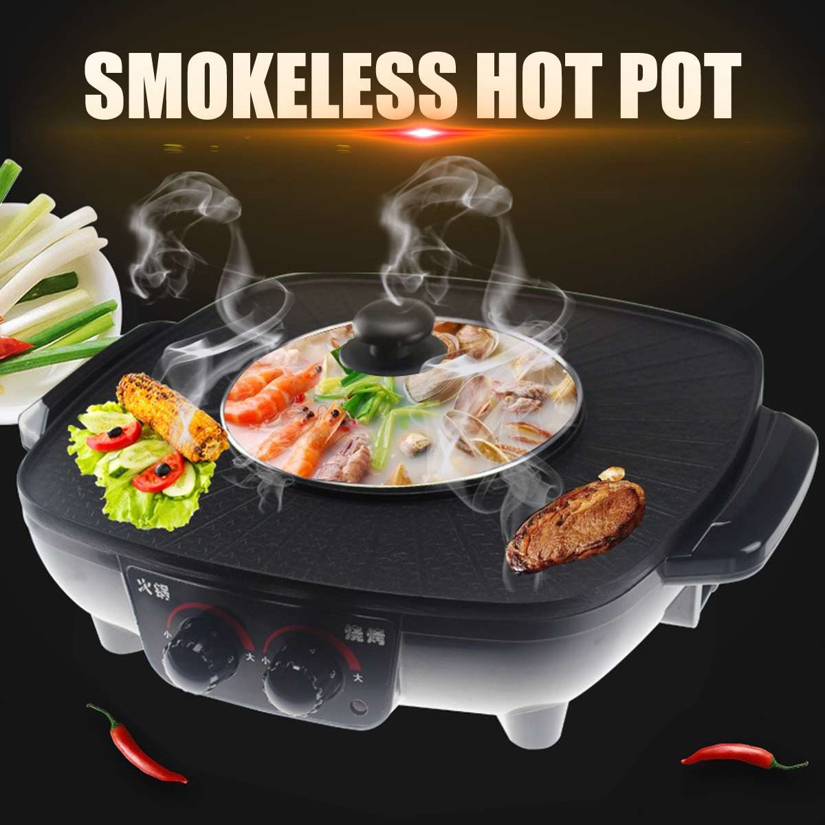 2 in 1 220v 1600W Electric BBQ Grills Hot Pot Smokeless Nons-图0