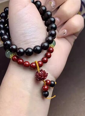 黑檀朱砂莲花双圈佛珠手串礼盒
