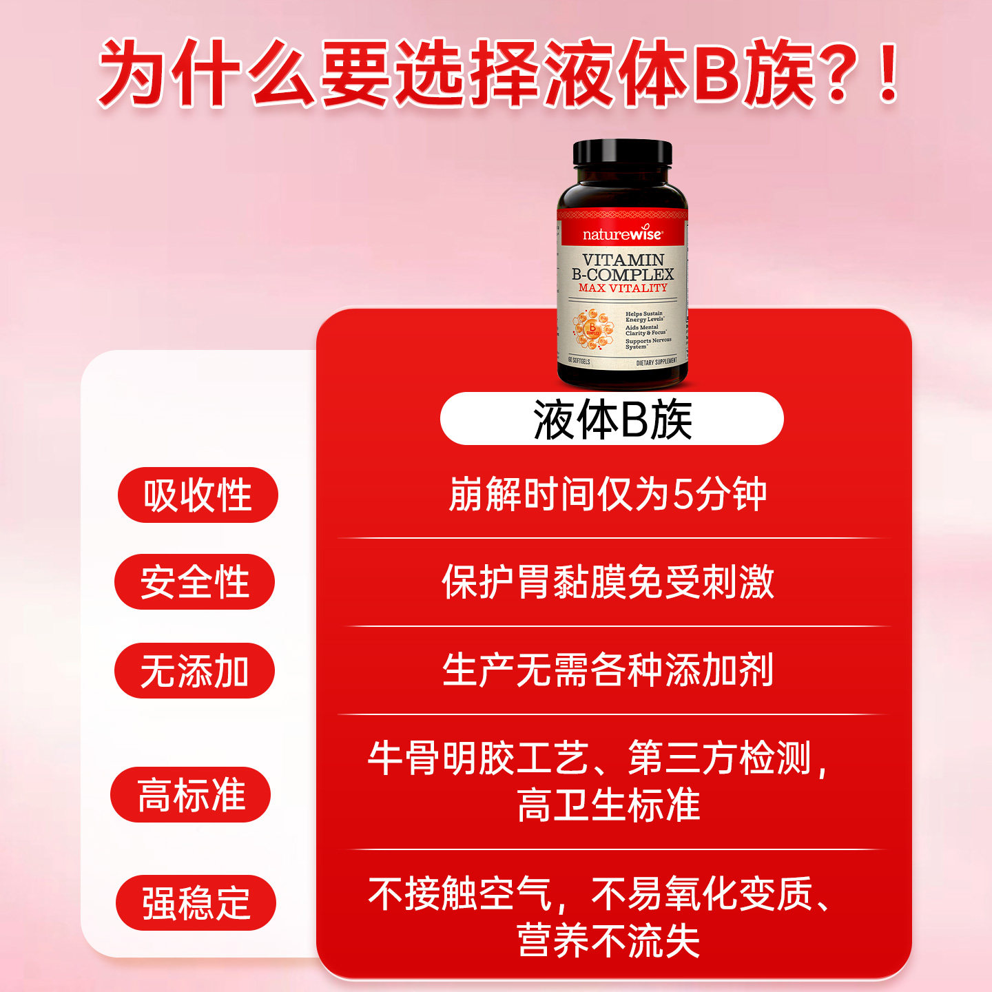 Naturewise液体活性维生素b族片复合维生素b2b12b1叶酸生物素代谢