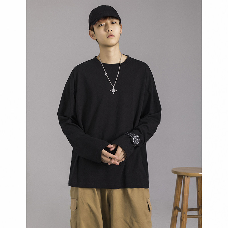 港仔文艺男纯色长袖t恤男打底衫 港仔文艺男T恤