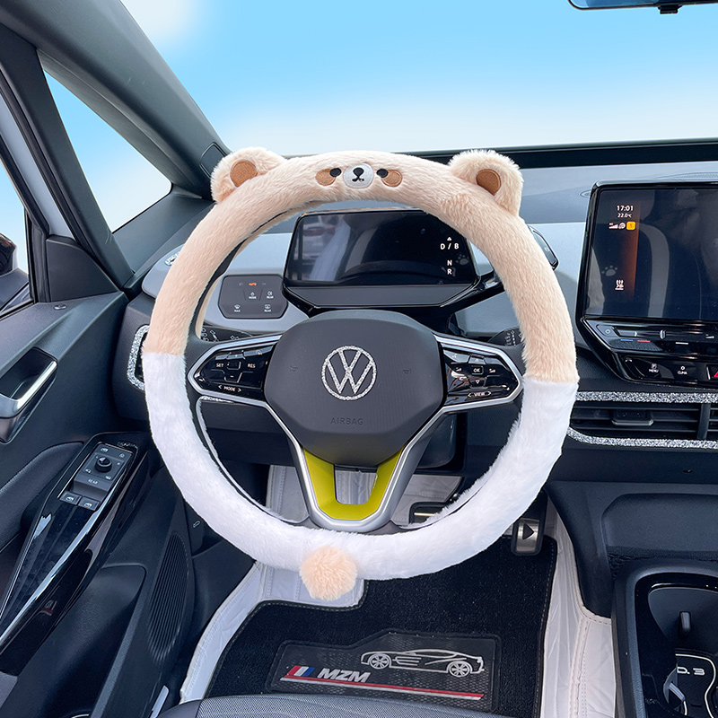 汽车冬季防滑保暖毛绒方向盘套熊猫兔耳朵网红汽车把套装饰通用品 - 图1