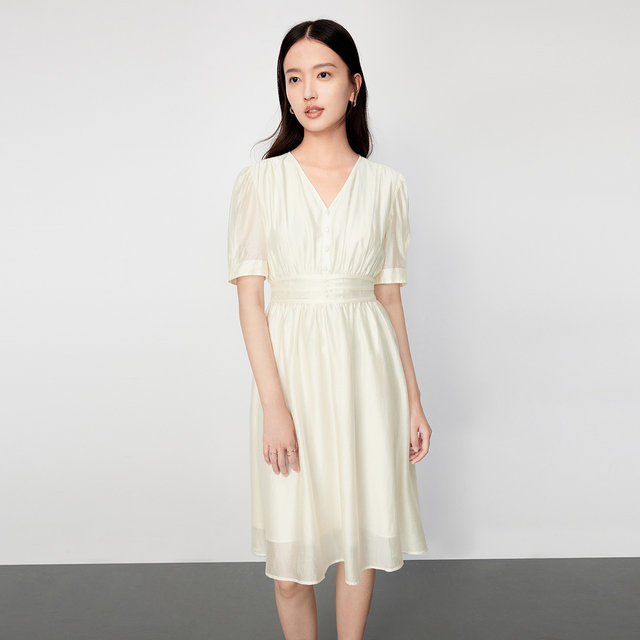 LILY Outlet New Women's Gentle Solid Soft Color Temperament V Neck Fashionable High Waist Short Sleeve Dress Small White Dress Women