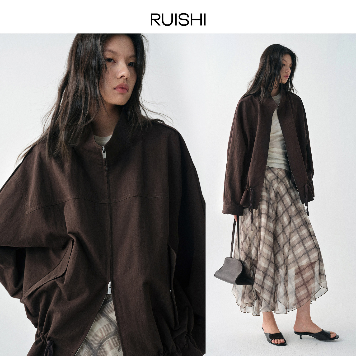 RUISHI芮时 东岸风迹 棉锦混纺低腰抽绳短款显瘦立领风衣外套女春,淘宝优惠券,粉丝福利购,淘宝优惠卷