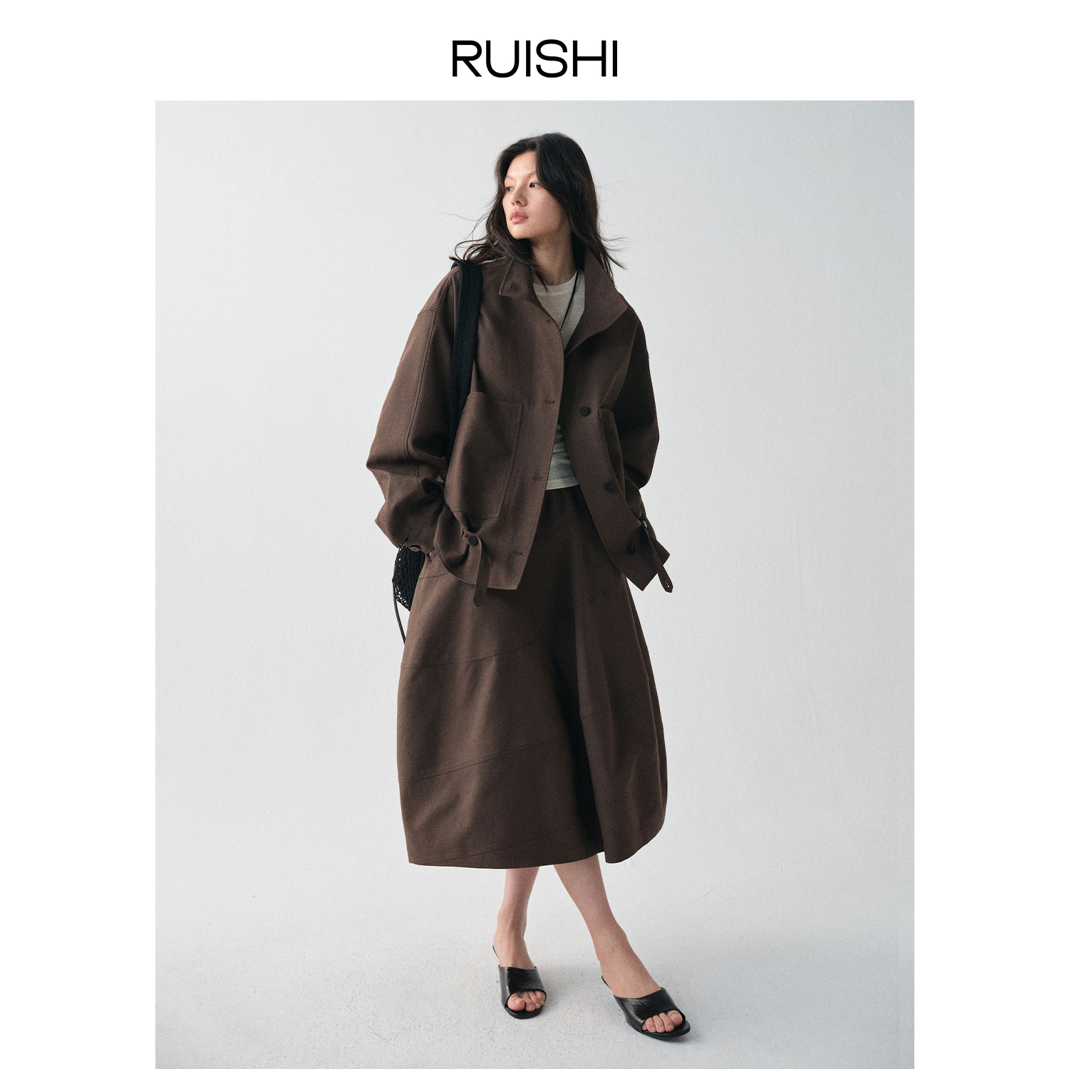 RUISHI芮时“松弛片想”立领大口袋下摆抽绳短款风衣外套女春,淘宝优惠券,粉丝福利购,淘宝优惠卷