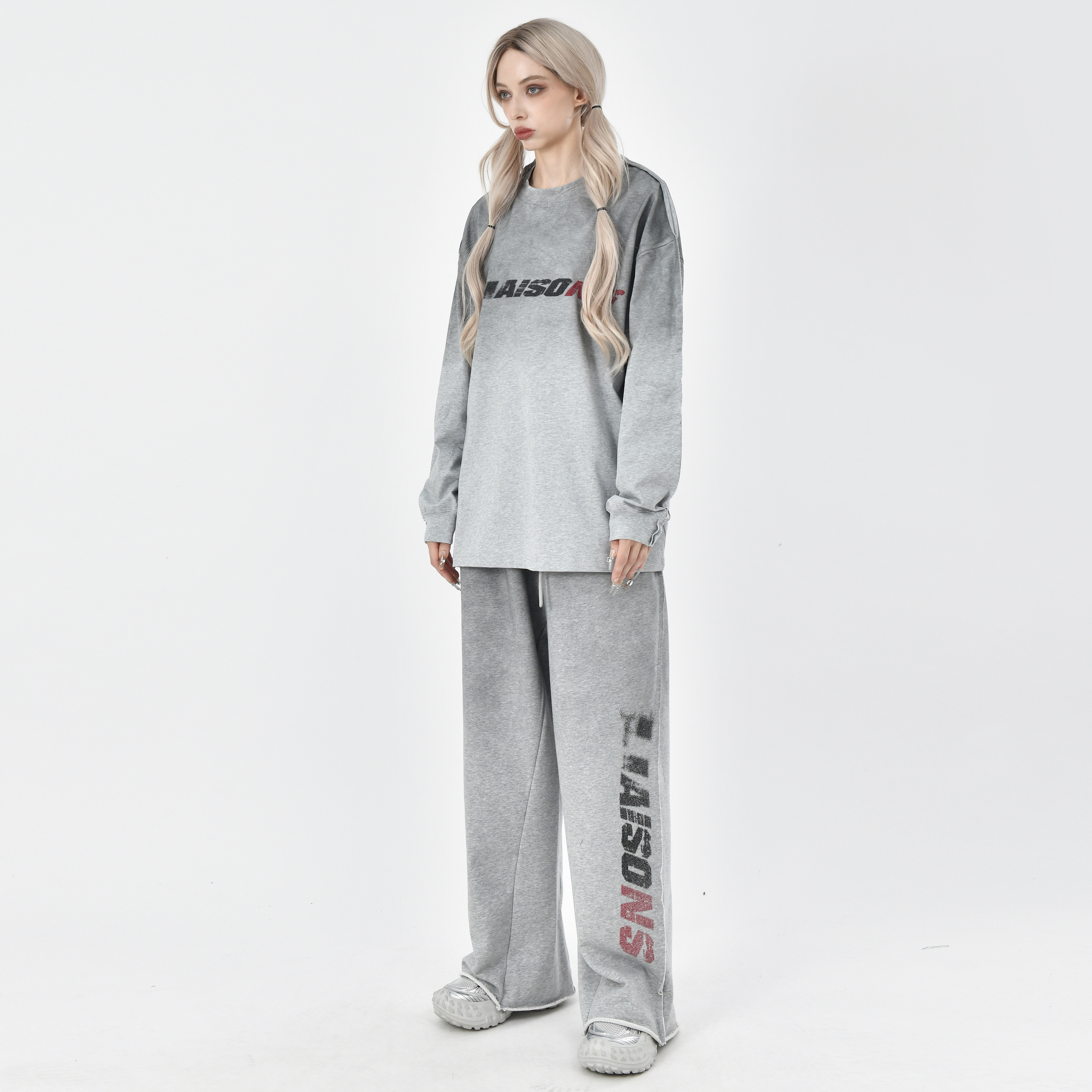 字母印花松紧腰毛圈棉宽松直筒阔腿长裤女脏染渐变毛边休闲卫裤男,淘宝优惠券,粉丝福利购,淘宝优惠卷