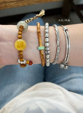 不闲原创手作 清迈推拉银镯 复古风八卦鱼 实心银镯