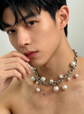 小众朋克仿珍珠男士锁骨链
