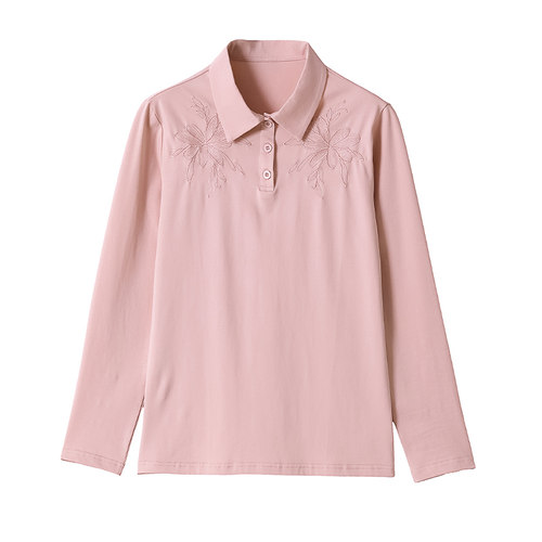 妈妈新款秋季翻领时尚长袖T恤衫女装中老年休闲刺绣大妈宽松上衣 - 图3