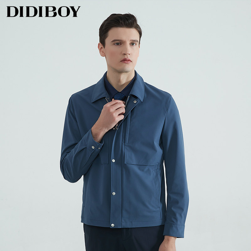 DIDIBOY迪迪博迩春季男士蓝色翻领纯色休闲夹克外套男装衣服
