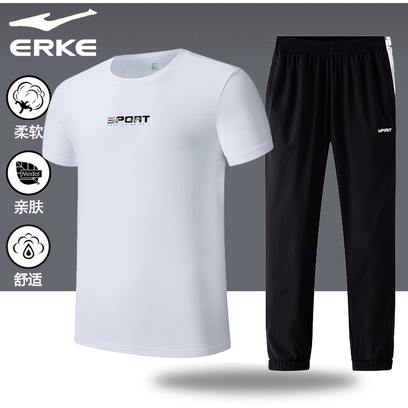 Hongxing Erke Sports Set Men's Summer Breathable Short Sleeve T-shirt Long Pants Men's Leisure Running Fitness Suit