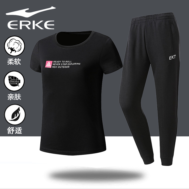 Hongxing Erke Sports Set Women's Summer Lightweight Short Sleeve T-shirt Capris Casual Set Running Sportswear