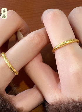 爆款古法磨砂紫荆花卷草纹戒指女国潮风雕花素圈保色戒指