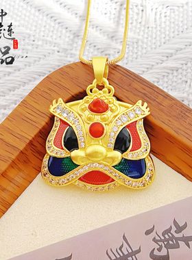 金店同款沙金镶钻瑞兽醒狮吊坠 高保色珐琅烧蓝国潮风醒狮diy配件