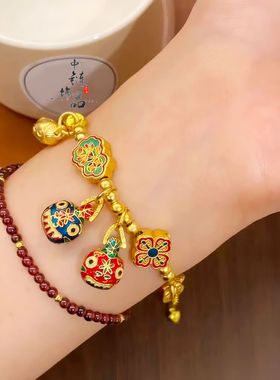 同款高保色古法沙金珐琅彩吞金兽一家三口吉言半镯手链女
