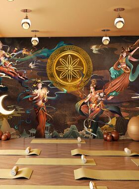 禅意莲花壁纸飞天仕女图壁画敦煌佛堂壁布瑜伽馆古筝直播背景墙纸