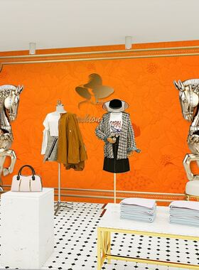 北欧风格直播间墙纸橙色高级感奢侈品店壁纸骏马骑士客厅装饰墙布