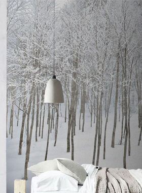 雪林绕藤 无缝定制壁画卧室客厅沙发背景墙简约现代树林藤花中式