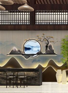 3D立体新中式墙纸茶室沙发背景墙壁纸高档养生馆酒店办公会所墙布