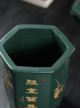 紫砂六方手工刻绘兰花花盆