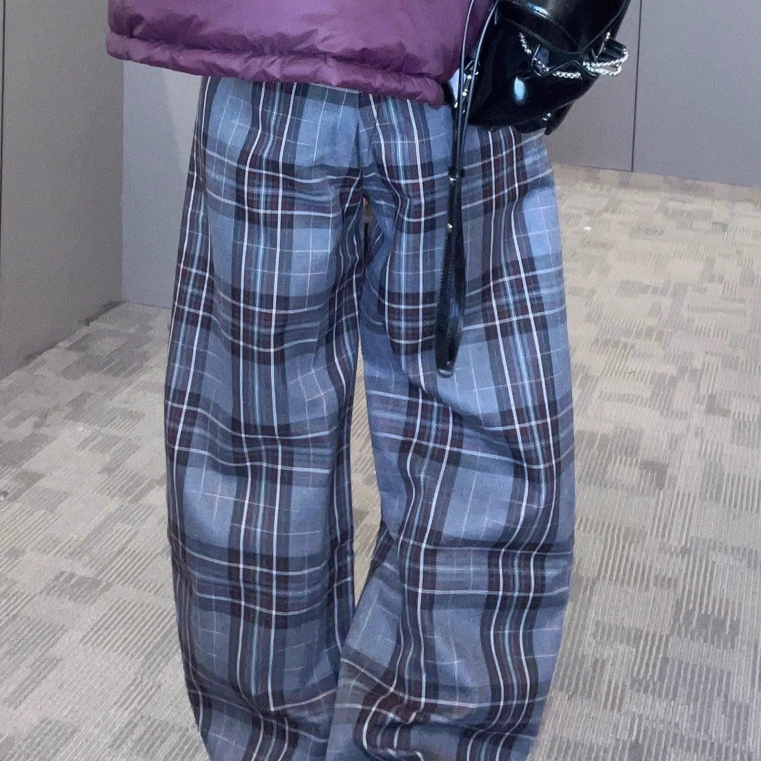 特价格子长裤女2025秋季新款欧洲站休闲阔腿裤高腰直筒长裤裤子,淘宝优惠券,粉丝福利购,淘宝优惠卷