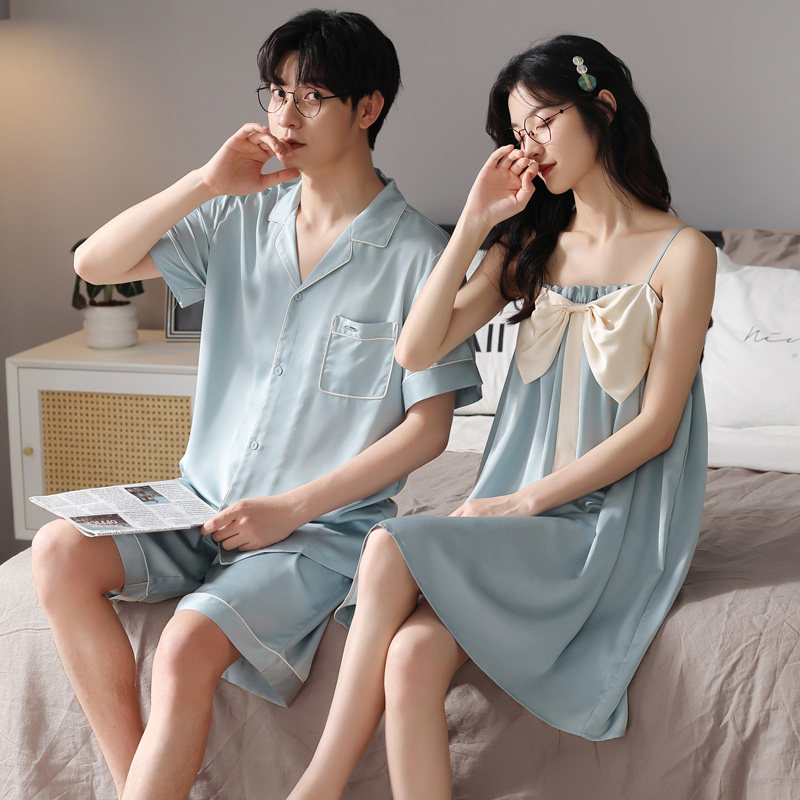 情侣夏季冰丝短袖套装男吊带睡裙 纯柚睡衣/家居服套装