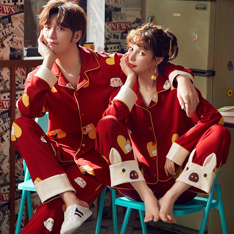 2套价情侣春秋款纯棉长袖结婚睡衣 纯柚睡衣/家居服套装