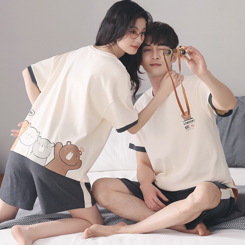 情侣夏季纯棉卡通甜美短袖男睡衣 纯柚睡衣/家居服套装