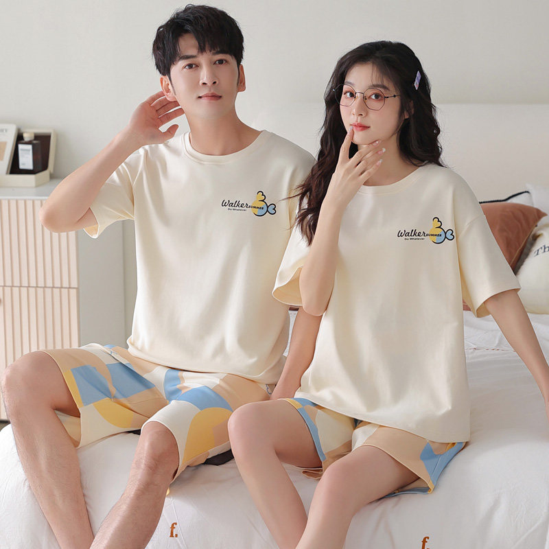 情侣夏季纯棉短袖卡通男士睡衣 纯柚睡衣/家居服套装