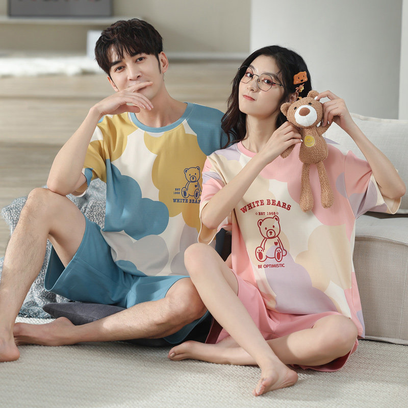 情侣夏季纯棉卡通甜美短袖男睡衣 纯柚睡衣/家居服套装