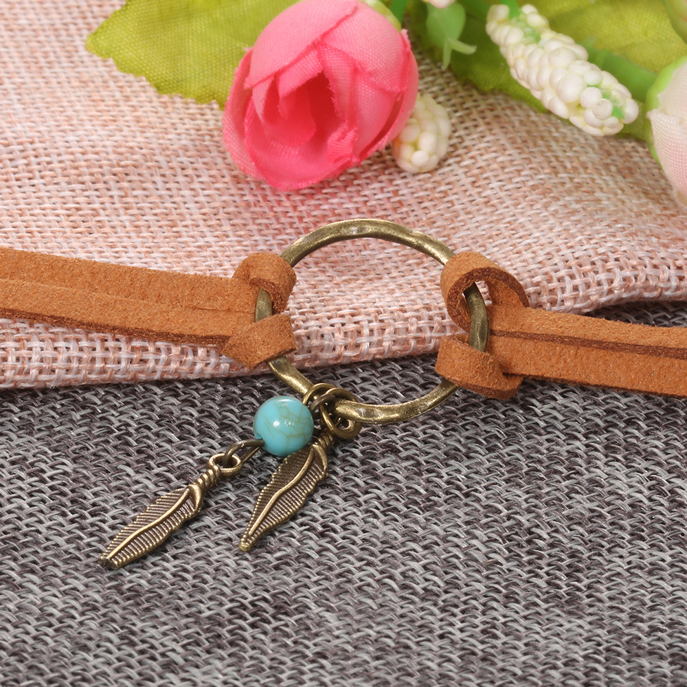 新款欧美复古项链choker古青铜树叶吊坠皮革几何圆环锁骨链 - 图1