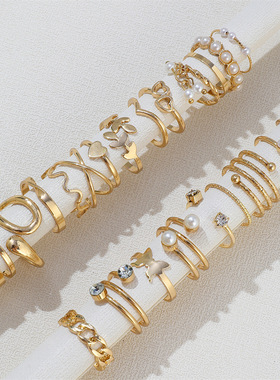 欧美新款蝴蝶镶钻戒指混批珍珠戒指女树叶爱心链条关节戒指22件套