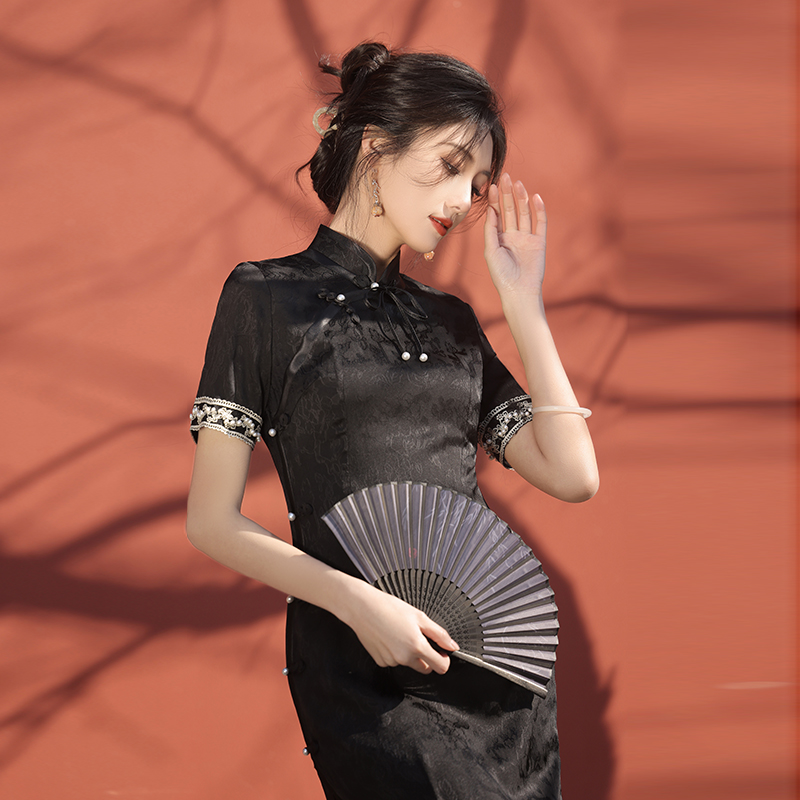 黑色旗袍2024新款女新中式夏季长款年轻款修身微胖大码绝美连衣裙-图1