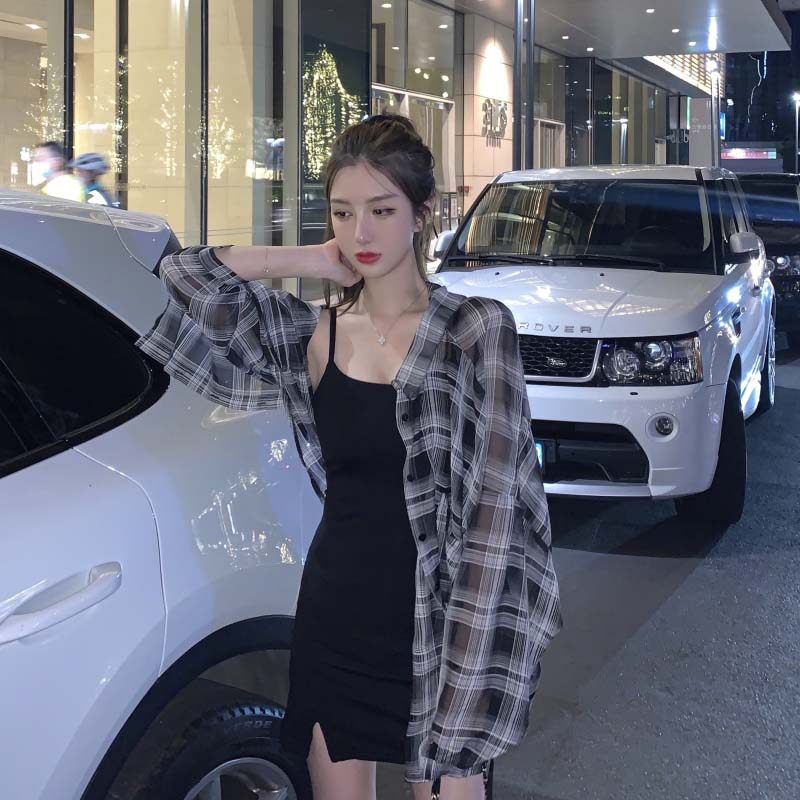 休闲套装薄款雪纺格纹防晒宽松衬衫 滴嗒衣品时尚套装