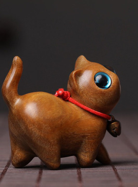 黑檀木好奇猫可爱萌猫咪桌面小摆件木质猫雕刻女创意