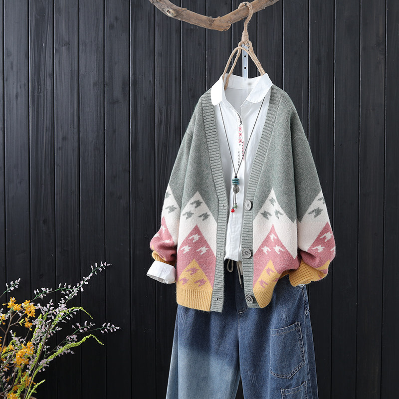 复古拼色提花针织秋冬宽松百搭开衫 marseroich毛针织衫