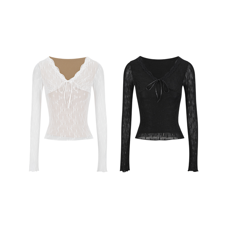 MosesQueen魔西女王蕾丝性感低胸v领t恤女显身材加绒收腰长袖上衣 - 图3