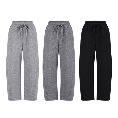 MosesQueen魔西女王灰色加绒运动裤女直筒休闲裤子慵懒阔腿弯刀裤 - 图3