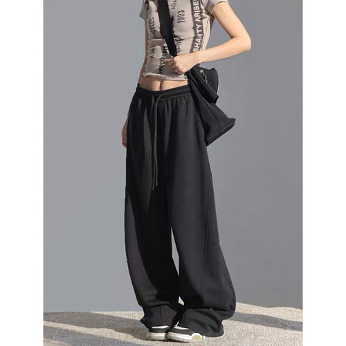 MosesQueen魔西女王灰色加绒运动裤女直筒休闲裤子慵懒阔腿弯刀裤 - 图0