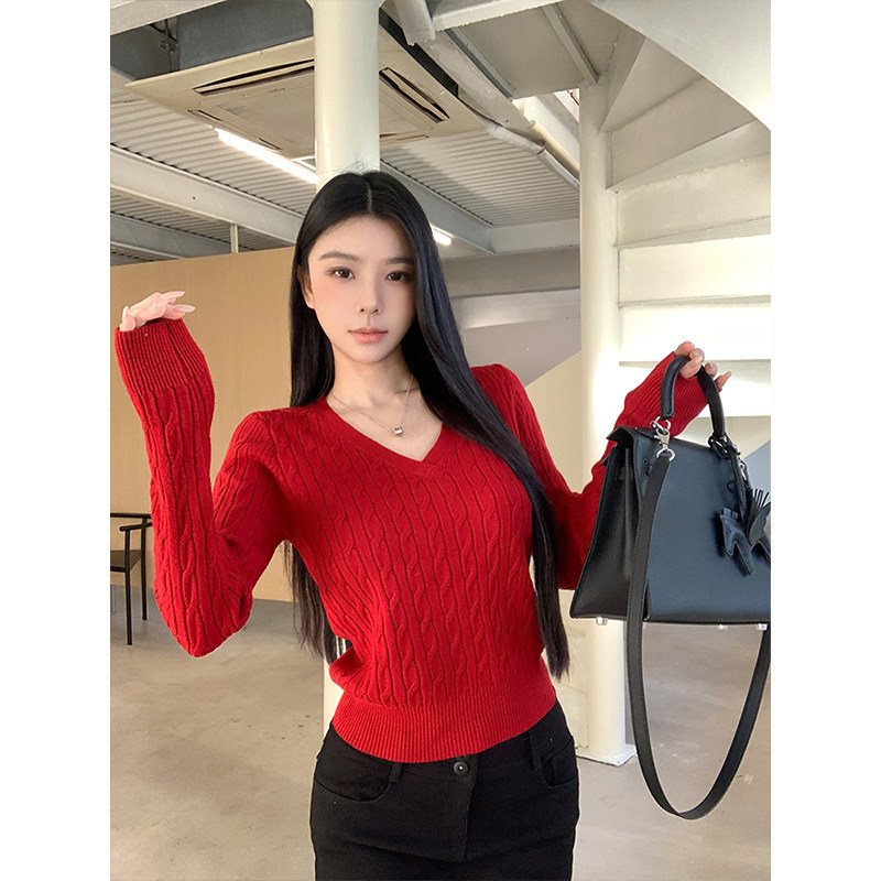 MosesQueen魔西女王基础款V领内搭针织衫女麻花毛衣修身长袖上衣,淘宝优惠券,粉丝福利购,淘宝优惠卷